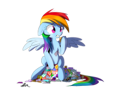 Size: 1106x966 | Tagged: safe, artist:affanita, character:rainbow dash, no more ponies at source, pile, sitting, solo