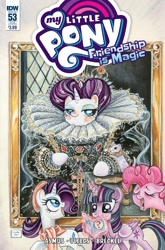 Size: 1054x1600 | Tagged: safe, artist:sararichard, idw, character:pinkie pie, character:rarity, character:twilight sparkle, character:twilight sparkle (alicorn), species:alicorn, species:pony, alternate hairstyle, blushing, clothing, cover, crown, dress, ermine, eyes closed, fine art parody, floppy ears, happy, jewelry, levitation, lidded eyes, looking at you, looking up, magic, makeup, open mouth, queen elizabeth i, raised hoof, regalia, ruff (clothing), smiling, smug, telekinesis, the ermine portrait, yawn