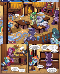 Size: 662x822 | Tagged: safe, artist:tonyfleecs, idw, character:rainbow dash, species:changeling, species:griffon, species:pegasus, species:pony, bar, bomber jacket, clothing, eyepatch, fireplace, goggles, jacket, jett glider, mt. overhoot outpost, piano, playing card, runt the cloud gremlin, snow, unnamed pony