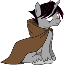 Size: 1419x1436 | Tagged: safe, artist:lightningbolt, derpibooru original, idw, character:shadow lock, species:pony, species:unicorn, .svg available, cape, cloak, clothing, frown, glowing eyes, hair over one eye, hood, idw showified, lidded eyes, male, scar, show accurate, simple background, sitting, solo, stallion, svg, transparent background, unamused, unshorn fetlocks, vector