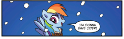 Size: 1280x405 | Tagged: safe, artist:tonyfleecs, idw, character:rainbow dash, cider, clothing, cropped, cute, jacket, looking at you, open mouth, smiling, snow, snowfall, solo, spread wings, that pony sure does love cider, wings