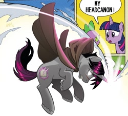 Size: 1047x947 | Tagged: safe, artist:tonyfleecs, edit, idw, character:shadow lock, character:spike, character:twilight sparkle, character:twilight sparkle (alicorn), species:alicorn, species:dragon, species:pony, /mlp/, cloak, clothing, frown, glowing eyes, gritted teeth, headcanon, headcanon denied, open mouth, ruined forever, thread, worried