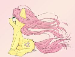 Size: 1280x968 | Tagged: safe, artist:30clock, artist:longren, edit, character:fluttershy, species:pegasus, species:pony, chest fluff, color edit, colored, eye clipping through hair, female, flowing mane, folded wings, looking up, mare, pink background, simple background, sitting, smiling, solo, windswept mane