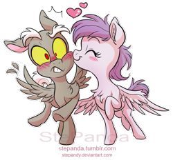 Size: 811x752 | Tagged: safe, artist:stepandy, idw, character:discord, character:princess celestia, species:pegasus, species:pony, ship:dislestia, blushing, duo, eyes closed, female, flying, for the pony who has everything, heart, kiss on the cheek, kissing, lightly watermarked, male, mare, pegasus celestia, pony discord, shipping, simple background, smiling, spread wings, stallion, straight, style emulation, surprise kiss, surprised, transparent background, watermark, wings