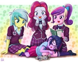 Size: 1254x1000 | Tagged: safe, artist:uotapo, idw, character:dean cadance, character:diamond rose, character:lemony gem, character:princess cadance, character:smarty pants, character:twilight sparkle, character:twilight sparkle (scitwi), species:eqg human, my little pony:equestria girls, blushing, book, clothing, colored pupils, crystal prep academy uniform, cute, cutedance, equestria girls-ified, eyes closed, female, glasses, isaac newton, neigh anything, open mouth, pleated skirt, ponytail, reading, school uniform, shoes, skirt, sleeping, smiling, socks, sweet dreams fuel, teen princess cadance, twiabetes, uotapo is trying to murder us, weapons-grade cute, younger