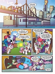 Size: 720x960 | Tagged: safe, artist:agnesgarbowska, idw, character:rarity, character:sweetie belle, species:earth pony, species:pony, species:unicorn, advertisement, background pony, bridge, city, cityscape, crystaller building, female, friendship express, glowing horn, horn, idw advertisement, levitation, luggage, magic, magic aura, male, manehattan, mare, stallion, sweetie belle's magic brings a great big smile, telekinesis, train, unnamed pony