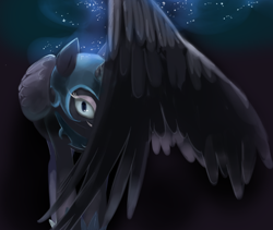 Size: 1096x923 | Tagged: safe, alternate version, artist:jiayi, character:nightmare moon, character:princess luna, species:alicorn, species:pony, black background, covering, cute, evil grin, grin, hiding behind wing, looking at you, moonabetes, simple background, smiling, solo, spread wings, wings