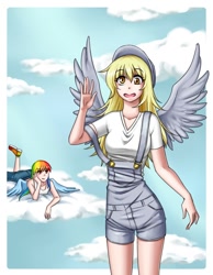 Size: 700x900 | Tagged: safe, artist:apzzang, character:derpy hooves, character:rainbow dash, cloud, cloudy, humanized, observer, overalls, winged humanization