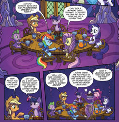 Size: 971x991 | Tagged: safe, artist:tonyfleecs, idw, official comic, character:applejack, character:fluttershy, character:pinkie pie, character:rainbow dash, character:rarity, character:spike, character:twilight sparkle, character:twilight sparkle (alicorn), species:alicorn, species:dragon, species:earth pony, species:pegasus, species:pony, species:unicorn, comic, cropped, dialogue, female, food, from the shadows, male, mane seven, mane six, mare, speech bubble, table, twilight's castle