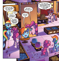 Size: 980x1024 | Tagged: safe, artist:tonyfleecs, idw, official comic, character:pinkie pie, character:rainbow dash, species:earth pony, species:pegasus, species:pony, candy, candy store, comic, cropped, dialogue, female, food, from the shadows, mare, speech bubble, store