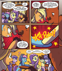 Size: 1037x1183 | Tagged: safe, artist:tonyfleecs, idw, official comic, character:applejack, character:fluttershy, species:earth pony, species:pegasus, species:pony, buffy the buffalo, cloven hooves, comic, cunning, cute, dialogue, female, from the shadows, guile, heart, heart eyes, male, mare, shyabetes, speech bubble, stallion, wingding eyes