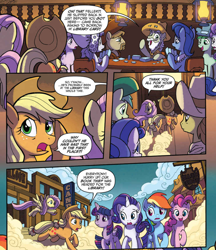 Size: 986x1142 | Tagged: safe, artist:tonyfleecs, idw, official comic, character:applejack, character:fluttershy, character:pinkie pie, character:rainbow dash, character:rarity, character:twilight sparkle, character:twilight sparkle (alicorn), species:alicorn, species:earth pony, species:pegasus, species:pony, species:unicorn, beard, clothing, comic, cowboy hat, dialogue, facial hair, female, from the shadows, hat, male, mane six, mare, speech bubble, stallion