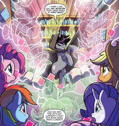 Size: 1052x1111 | Tagged: safe, artist:tonyfleecs, idw, official comic, character:applejack, character:fluttershy, character:pinkie pie, character:rainbow dash, character:rarity, character:shadow lock, character:twilight sparkle, species:pony, species:unicorn, comic, cthulhu, cyclops, cyclops-clops, dialogue, female, frankenstag's monster, frankenstein's monster, from the shadows, library, male, mane six, mare, speech bubble, stallion
