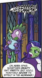Size: 304x553 | Tagged: safe, artist:tonyfleecs, idw, official comic, character:rarity, character:spike, species:dragon, species:pony, species:unicorn, cropped, dialogue, duo, facial mask, female, from the shadows, male, mare, mud mask, speech bubble