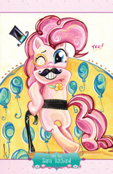 Size: 1988x3054 | Tagged: safe, artist:sararichard, idw, character:pinkie pie, species:earth pony, species:pony, advertisement, balloon, bipedal, cane, clothing, halloween comicfest, hat, idw advertisement, preview, solo, top hat