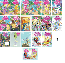 Size: 2580x2504 | Tagged: safe, idw, official comic, character:angel bunny, character:apple bloom, character:applejack, character:derpy hooves, character:dj pon-3, character:doctor whooves, character:fluttershy, character:gummy, character:pinkie pie, character:princess celestia, character:princess luna, character:rainbow dash, character:rarity, character:soarin', character:spike, character:spitfire, character:tank, character:time turner, character:twilight sparkle, character:vinyl scratch, character:winona, character:zecora, species:pegasus, species:pony, species:zebra, comics, female, idw advertisement, mare