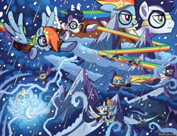Size: 1800x1384 | Tagged: safe, artist:tonyfleecs, idw, official comic, character:rainbow dash, character:soarin', species:pegasus, species:pony, friends forever, clothing, duo, female, fleece jacket, flying, goggles, jacket, lightning, male, mare, mountain, rainbow trail, snow, speed trail, stallion, wonderbolts, yaket range