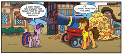 Size: 1309x578 | Tagged: safe, artist:tonyfleecs, idw, official comic, character:cheese sandwich, character:twilight sparkle, character:twilight sparkle (alicorn), species:alicorn, species:earth pony, species:pony, dialogue, duo, female, male, mare, party tank, rubber chicken, speech bubble, stallion