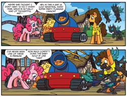 Size: 1315x1004 | Tagged: safe, artist:tonyfleecs, idw, official comic, character:cheese sandwich, character:pinkie pie, species:changeling, species:earth pony, species:pony, comic, dialogue, female, male, mare, party tank, speech bubble, stallion