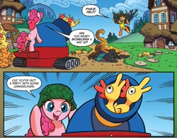 Size: 1327x1037 | Tagged: safe, artist:tonyfleecs, idw, official comic, character:boneless, character:cheese sandwich, character:pinkie pie, species:changeling, species:earth pony, species:pony, boneless 2, boneless 3, cannon, comic, dialogue, female, male, mare, party tank, rubber chicken, speech bubble, stallion