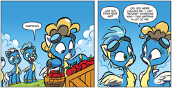Size: 1312x669 | Tagged: safe, artist:jay fosgitt, idw, official comic, character:fleetfoot, character:misty fly, character:surprise, species:pegasus, species:pony, apple, basket, clothing, comic, dialogue, female, food, goggles, mare, speech bubble, uniform, wonderbolts, wonderbolts uniform