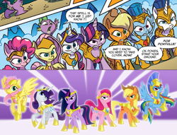 Size: 1275x973 | Tagged: safe, artist:equestria-prevails, artist:jay fosgitt, idw, official comic, character:applejack, character:fluttershy, character:pinkie pie, character:rainbow dash, character:rarity, character:shining armor, character:spike, character:twilight sparkle, character:twilight sparkle (alicorn), character:twilight sparkle (unicorn), species:alicorn, species:dragon, species:earth pony, species:pegasus, species:pony, species:unicorn, armor, armor of friendship, comic drama, comparison, determined, dialogue, element of generosity, element of honesty, element of kindness, element of laughter, element of loyalty, element of magic, elements of harmony, female, fosgitt drama, guardians of harmony, hilarious in hindsight, hoof shoes, idw drama, mane six, mare, prevailing armor, speech bubble, warrior twilight sparkle
