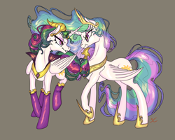 Size: 2500x2000 | Tagged: safe, artist:sourcherry, idw, character:princess celestia, species:alicorn, species:pony, angry, clothing, evil celestia, evil grin, grin, reflections, scowl, self paradox, smiling