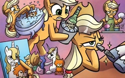 Size: 1198x754 | Tagged: safe, idw, character:applejack, character:prince blueblood, species:earth pony, species:pony, species:unicorn, applejack is not amused, bath, bunny (pet), cider, clothing, cupcake, food, hooficure, nail file, painting, scarf, sparkling cider, unamused