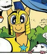 Size: 181x210 | Tagged: safe, idw, character:flash sentry, character:tiberius, species:pony, armor, comic, cropped, helmet, idw micro series, opossum, smiling