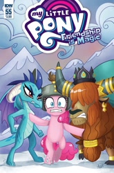 Size: 1054x1600 | Tagged: safe, artist:agnesgarbowska, idw, character:pinkie pie, character:prince rutherford, character:princess ember, species:dragon, species:earth pony, species:pony, species:yak, advertisement, cloven hooves, comic cover, female, idw advertisement, male, this will end in war, xk-class end-of-the-world scenario