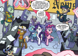 Size: 888x636 | Tagged: safe, artist:tonyfleecs, idw, official comic, character:pinkie pie, character:rarity, character:trenderhoof, species:earth pony, species:pegasus, species:pony, species:unicorn, cement shoes, clothing, criminal, cropped, dialogue, female, from the shadows, gangster, hat, levitation, magic, male, mare, newspaper hat, nosey news, paper, paper hat, quill (character), speech bubble, stallion, telekinesis, unnamed pony