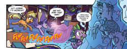 Size: 911x356 | Tagged: safe, artist:tonyfleecs, idw, official comic, character:applejack, character:spike, character:twilight sparkle, character:twilight sparkle (alicorn), species:alicorn, species:dragon, species:earth pony, species:pony, book, cropped, dialogue, female, frankenstein's monster, from the shadows, frozen, i was frozen today, ice, magic, male, mare, running, speech bubble, telekinesis