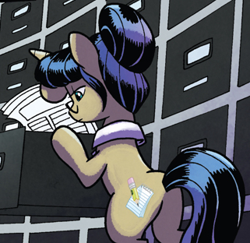 Size: 321x312 | Tagged: safe, artist:tonyfleecs, idw, official comic, species:pony, species:unicorn, cropped, female, from the shadows, mare, nosey news, paper, plot, quill (character), solo