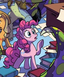 Size: 442x532 | Tagged: safe, artist:tonyfleecs, idw, official comic, character:pinkie pie, species:earth pony, species:pony, cropped, cthulhu, female, frankenstein's monster, from the shadows, i've seen enough hentai to know where this is going, library, lovecraft, mare, raised hoof, solo focus, tentacles