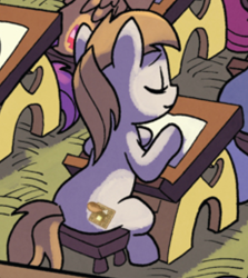 Size: 692x775 | Tagged: safe, artist:tonyfleecs, idw, official comic, character:scootaloo, species:pegasus, species:pony, cropped, disturbing cutie mark, foal, from the shadows, implied ponies eating meat, unnamed character, unnamed pony