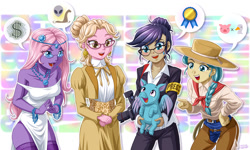 Size: 1500x900 | Tagged: safe, artist:uotapo, idw, my little pony:equestria girls, calamity mane, cauldron bubbles, chaps, clothing, cowgirl outfit, dialogue, dress, equestria girls-ified, glasses, hat, marian, nosey news, open mouth, panties, panty shot, pigasus, quill (character), side slit, speech bubble, suit