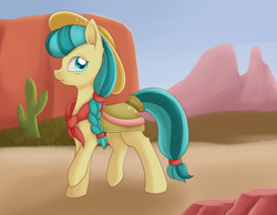 Size: 1024x796 | Tagged: safe, artist:dusthiel, idw, species:earth pony, species:pony, braid, cactus, calamity mane, clothing, colored pupils, cowboy hat, desert, female, hat, looking back, mare, raised hoof, solo