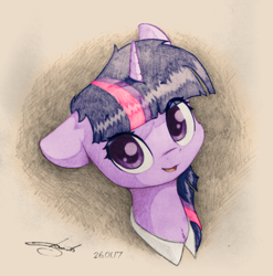 Size: 1024x1035 | Tagged: safe, artist:freeedon, artist:longren, edit, character:twilight sparkle, species:pony, bust, color edit, colored, cute, featured on derpibooru, female, floppy ears, fluffy, looking at you, mare, open mouth, portrait, smiling, solo, traditional art, twiabetes