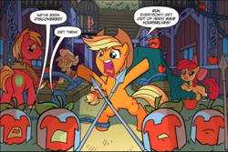 Size: 670x447 | Tagged: safe, artist:tonyfleecs, idw, official comic, character:apple bloom, character:applejack, character:big mcintosh, character:granny smith, character:spike, species:dragon, species:earth pony, species:pony, apple, apple family, barn, cage, chains, cropped, dialogue, female, filly, foal, food, helmet, living apple, male, mare, mustachioed apple, night of the living apples, spear, speech bubble, stallion, weapon