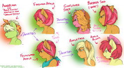 Size: 1450x793 | Tagged: safe, artist:kaemantis, idw, character:apple bloom, character:applejack, character:babs seed, character:granny smith, character:sunflower, oc, oc:felonwood, oc:firewood, species:anthro, bow, family, family tree, freckles, hair bow, sisters, smiling, younger