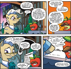 Size: 820x795 | Tagged: safe, idw, official comic, character:mayor mare, species:earth pony, species:pony, apple, comic, dialogue, facial hair, female, food, living apple, male, mare, moustache, mustachioed apple, night of the living apples, spear, speech bubble, surrender, weapon