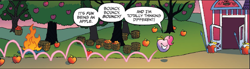 Size: 1141x317 | Tagged: safe, idw, official comic, character:pinkie pie, apple, apple (company), apple pinkie, apple tree, bouncing, bucket, dialogue, female, food, happy, helmet, living apple, night of the living apples, reference, spear, species swap, speech bubble, tree, weapon