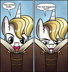 Size: 855x910 | Tagged: safe, edit, idw, character:prince blueblood, species:pony, species:unicorn, book, exploitable meme, male, meme, reaction image, solo, stallion, vulgar, what the fuck am i reading, what's going on in this thread