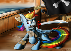Size: 4200x3000 | Tagged: safe, artist:raptorpwn3, idw, character:rainbow dash, species:pony, absurd resolution, cannon, mouth hold, pirate, pirate dash, ship, solo, sword, weapon