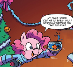 Size: 514x467 | Tagged: safe, artist:katiecandraw, idw, character:pinkie pie, episode:hearth's warming eve, g4, my little pony: friendship is magic, christmas sweater, christmas tree, clothing, context is for the weak, fish, fishbowl, holiday, out of context, pinkie sense, present, puddles (fish), sweater, tree