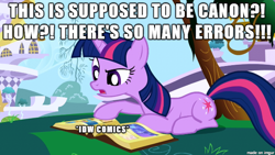 Size: 610x343 | Tagged: safe, idw, character:twilight sparkle, canon, comic drama, continuity, continuity error, error, grammar error, idw canon drama, idw drama, image macro, meme, mouthpiece, non canon, op is a duck, plothole, question