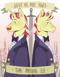 Size: 472x604 | Tagged: safe, artist:stockingstealer, idw, character:flam, character:flim, species:pony, species:unicorn, back to back, duo, flim flam brothers, handsome, judge, judges, majestic, mirror universe, semi-anthro, sword, weapon