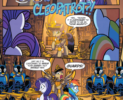 Size: 876x713 | Tagged: safe, artist:tonyfleecs, idw, official comic, character:queen cleopatrot, character:rainbow dash, character:rarity, species:pegasus, species:pony, species:unicorn, comic, cropped, dialogue, female, from the shadows, jackal, mare, queen, spear, speech bubble, weapon