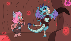 Size: 1024x587 | Tagged: safe, artist:author92, idw, character:mina, character:princess ember, species:dragon, cave, clothing, dragon lord ember, dragoness, female, fingerless gloves, gem, gloves, kicking, martial arts, mma, shorts, sports bra