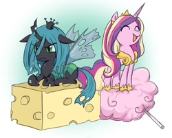 Size: 780x628 | Tagged: safe, artist:keterok, character:princess cadance, character:queen chrysalis, species:alicorn, species:changeling, species:pony, :t, changeling queen, cheese, cheeseling, chibi, cotton candy, cute, cutealis, cutedance, eyes closed, featured on derpibooru, female, filly, foal, food, frown, glare, mare, micro, open mouth, paint tool sai, prone, queen swissalis, smiling